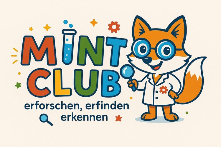 Logo des MINT-Clubs mit Schriftzug und gezeichnetem Fuchs mit Brille.