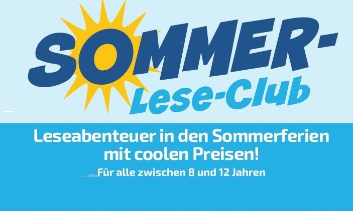 Plakatmotiv des Sommer-Lese-Clubs 2025 mit blauem Hintergrund und gelber Schrift.