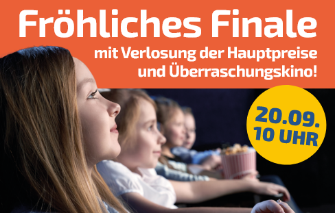 Mädchen liest ein Buch – daneben Text „Fröhliches Finale“ auf orangem Button.