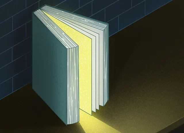 Stilisiertes Buch in dunkler Umgebung mit Lichtakzent – generisches Buchsymbol.